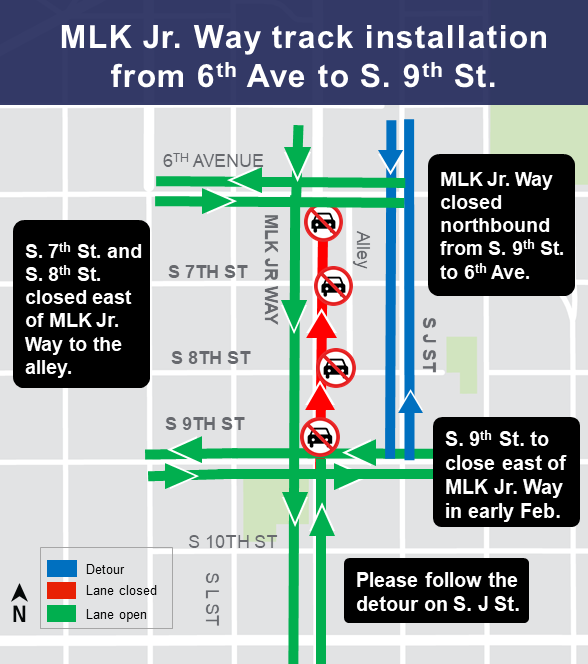 Construction map for Martin Luther King Jr Way from South 6th Street to South 9th Street Track Installation, Hilltop Tacoma Link Extension