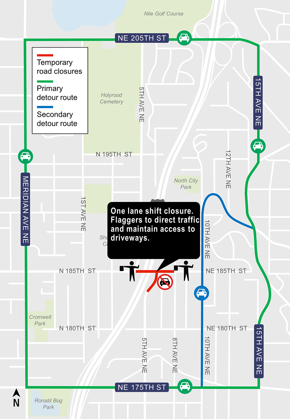 Construction map for NE 185th St & 5th Ave NE Pothole work, Shoreline North construction alert, Lynnwood Link Extension