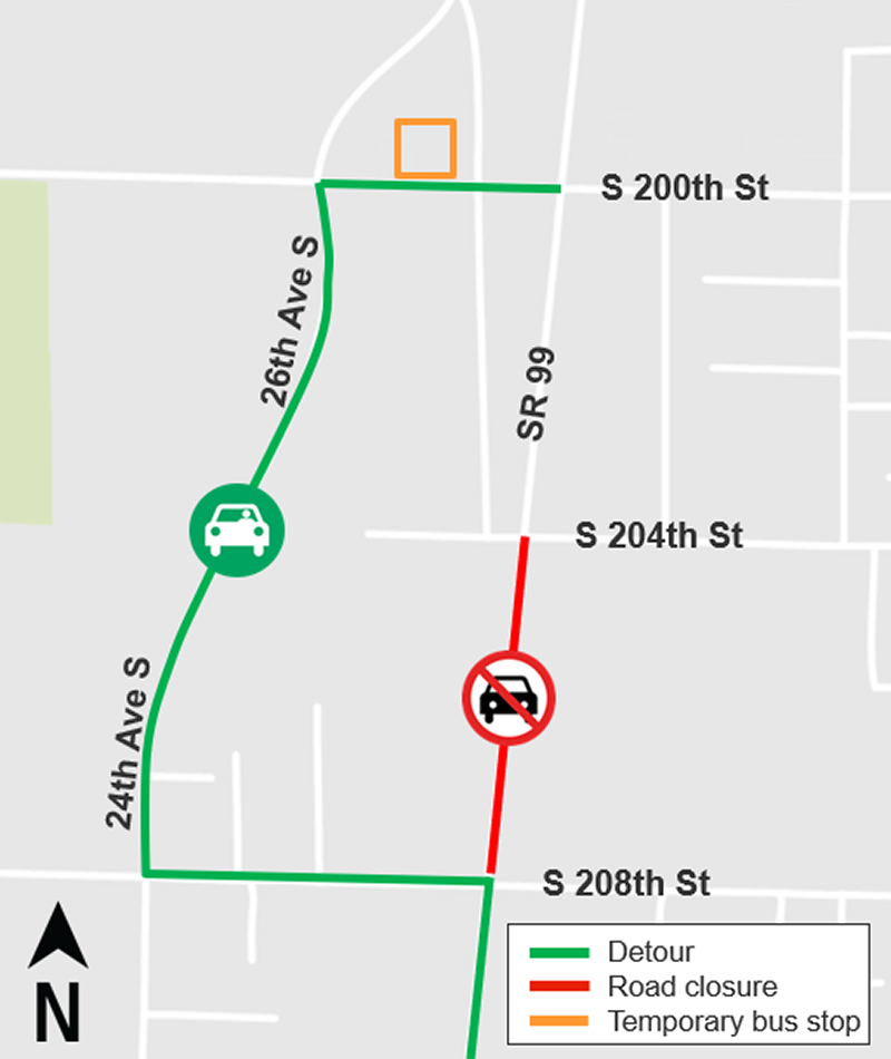 SR 99 Temporary bus stop map, Federal Way Link Extension