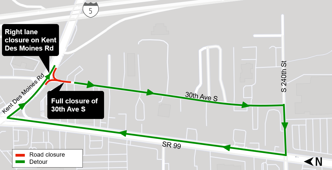 Construction map for 30th Avenue South closure, Federal Way Link Extension
