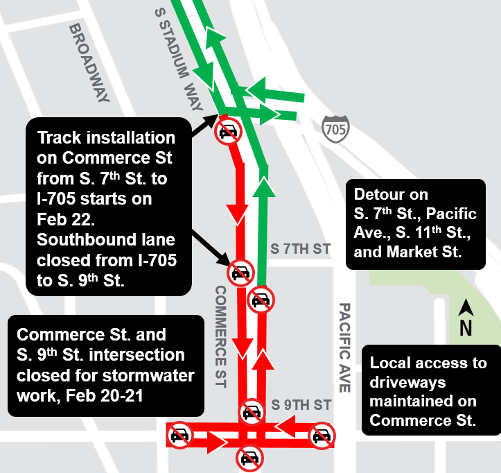Construction map for Commerce street, Hilltop Tacoma Link Extension