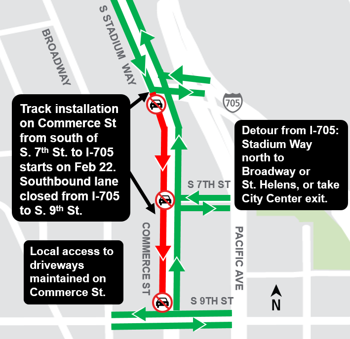 Construction map for Commerce street, Hilltop Tacoma Link Extension