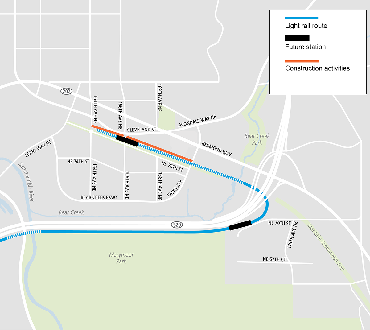 Construction map for 164th Ave NE to 170th Ave tree removal, Downtown Redmond Link Extenstion
