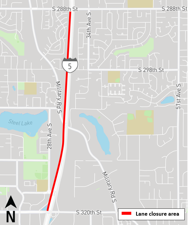Construction map for I-5 Closure, Federal Way Link Extension