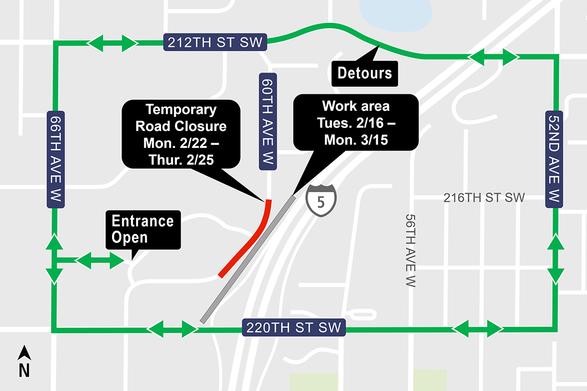 Construction map for Girder work and 60th Ave West closure, Lynnwood Link Extension