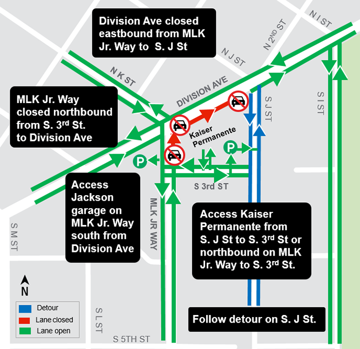 Construction map for Martin Luther King Jr Way and Division Avenue track installation, Hilltop Tacoma Link Extension