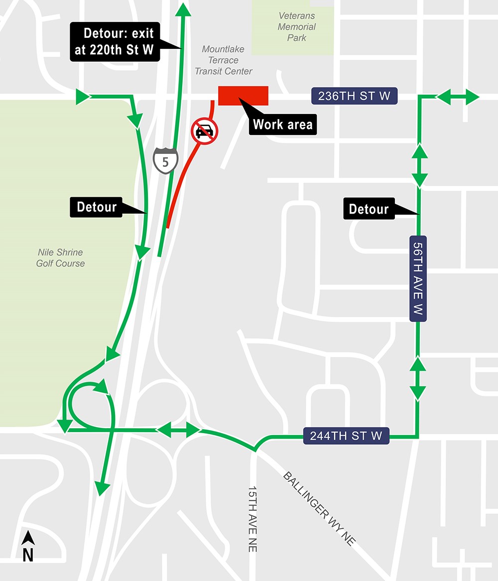 Construction map for 236th St SW closure, Mountlake Terrace Station 
