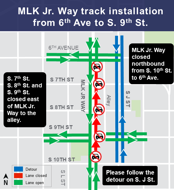 Construction map for Martin Luther King Jr Way from South 6th Street to South 10th Street, Hilltop Tacoma Link Extension