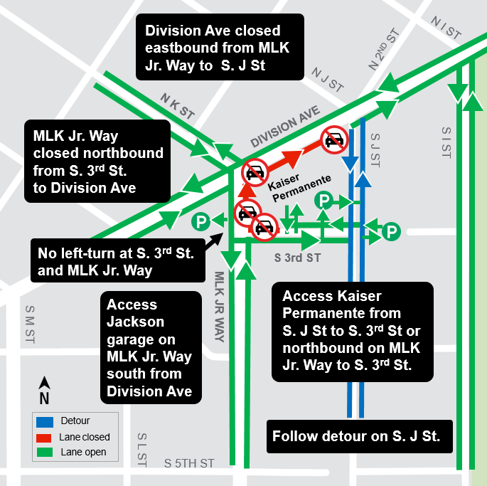 Construction map for Martin Luther King Jr Way at Division Avenue and South 3rd Street closure, Hilltop Tacoma Link Extension