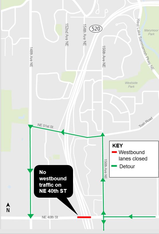 Construction map for Northeast 40th Street closure phase 1, Downtown Redmond Link Extension