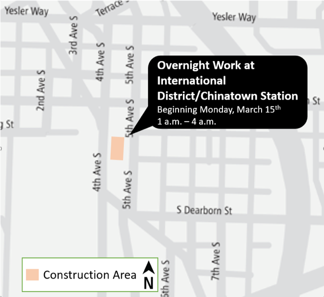Construction map for Overnight work at International District/Chinatown Station, East Link Extension