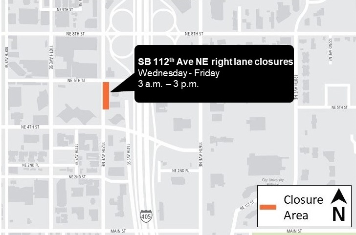 Construction map for 112th Avenue Northeast right lane closure, Central Bellevue Station