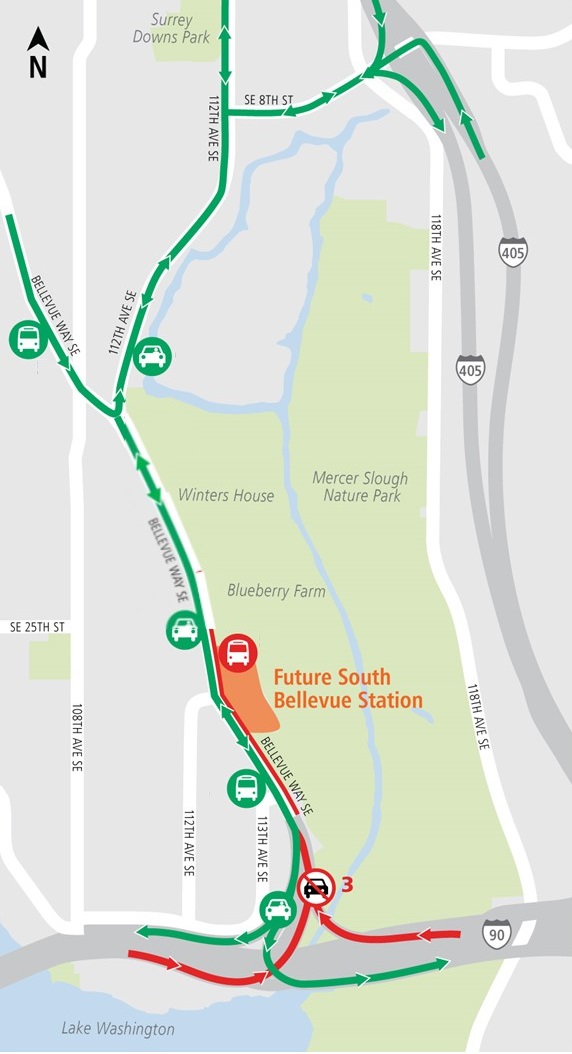 Construction map for Bellevue Wat SE closure, South Bellevue Station