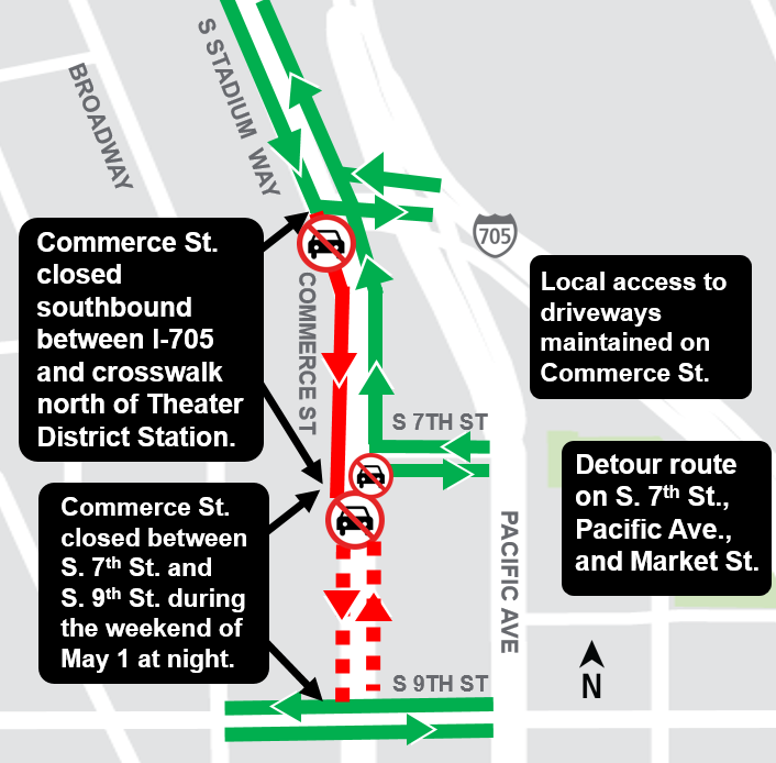 Construction map of Commerce Street, Hilltop Tacoma Link Extension