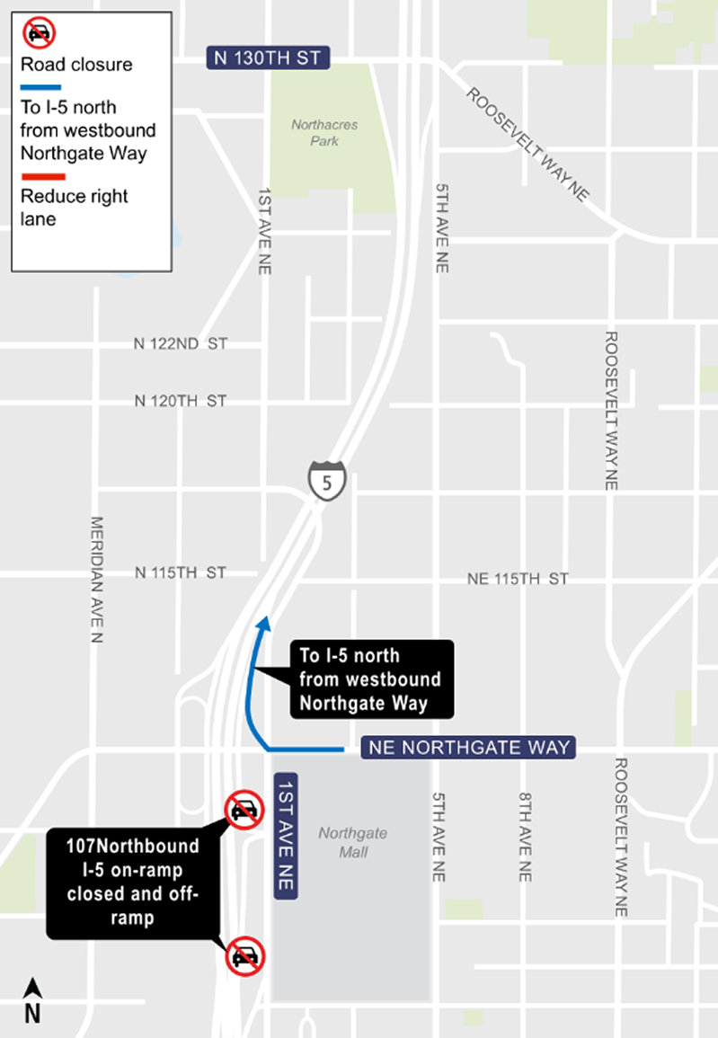 Construction map for NE 107th street on-ramp and off-ramp closure, Lynnwood Link Extension 