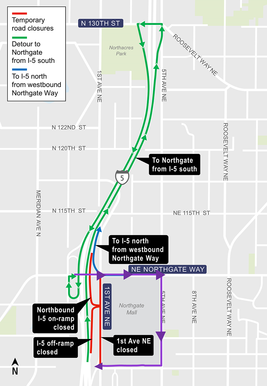 Construction map for 1st Ave Northeast at Northeast Northgate Way closures, Lynnwood Link Extension