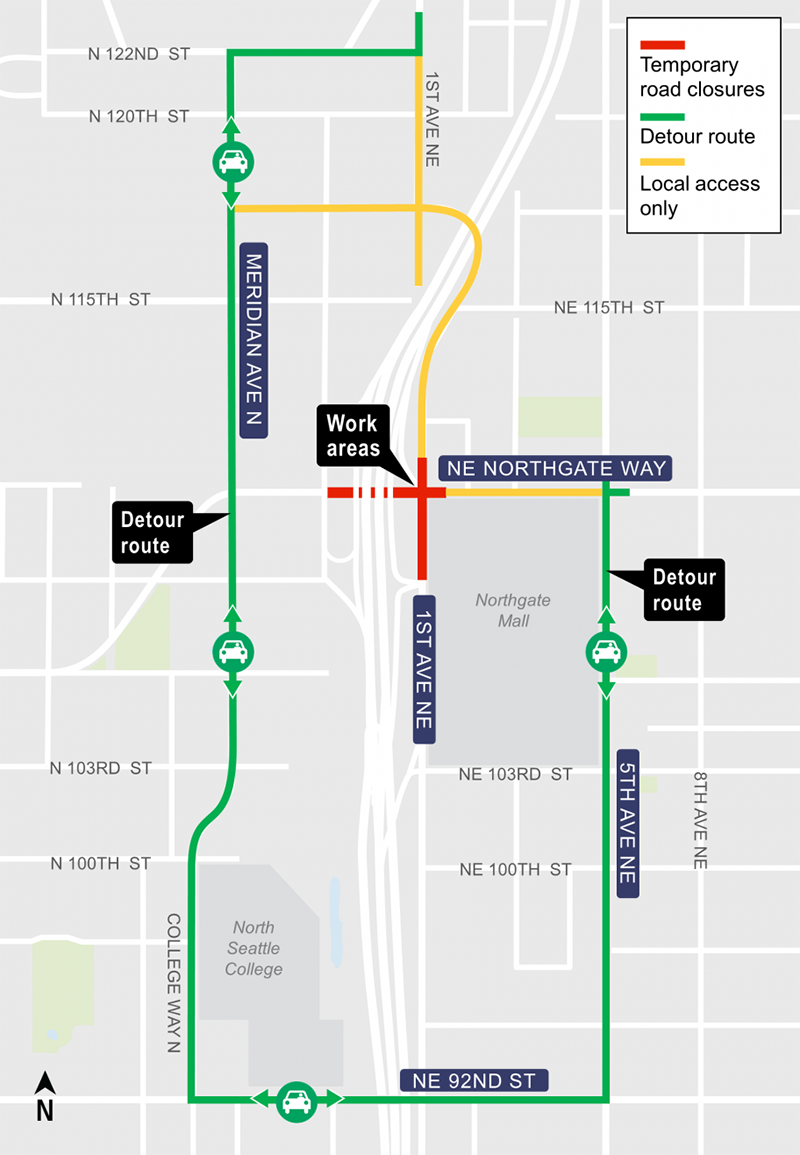 Construction map for 1st Ave Northeast at Northeast Northgate Way closure, Lynnwood Link Extension