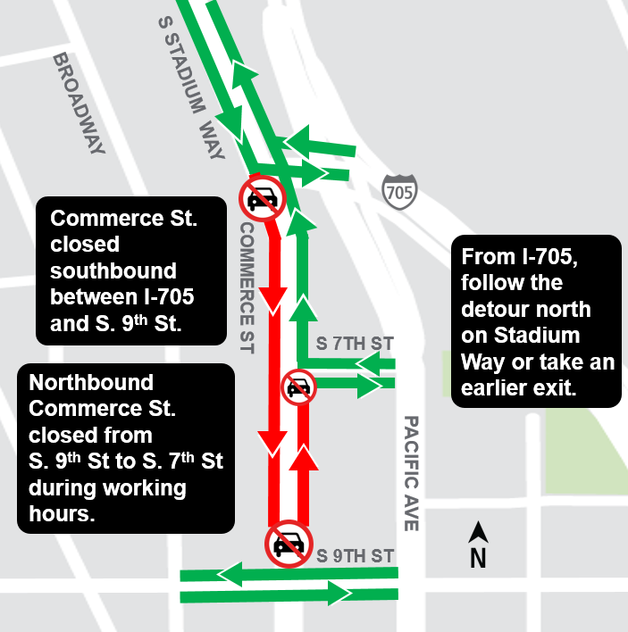 Construction map for Commerce street, Hilltop Tacoma Link Extension