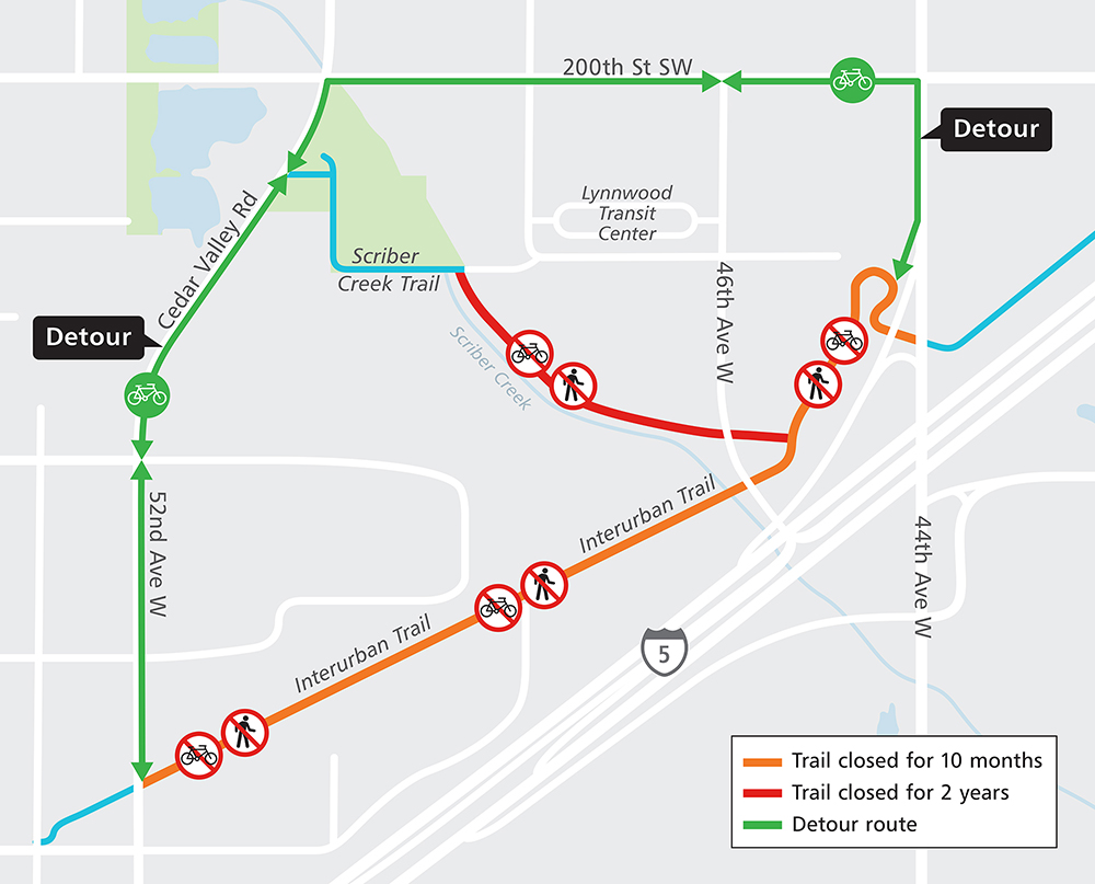 Construction map for Interurban Trail closure and detour, Lynnwood City Center Station, Lynnwood Link Extension