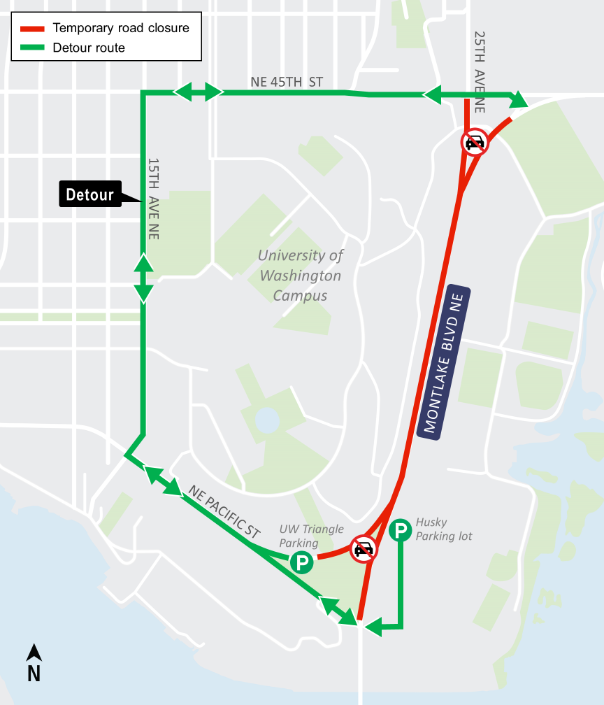 Construction map for Montlake Boulevard Closure, Northgate Link Extension