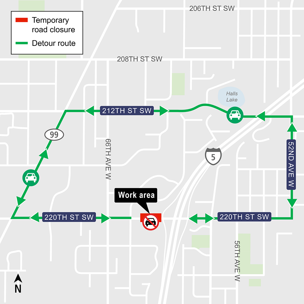 Construction map for 220th Street Southwest closure, Lynnwood City Center, Lynnwood Link Extension