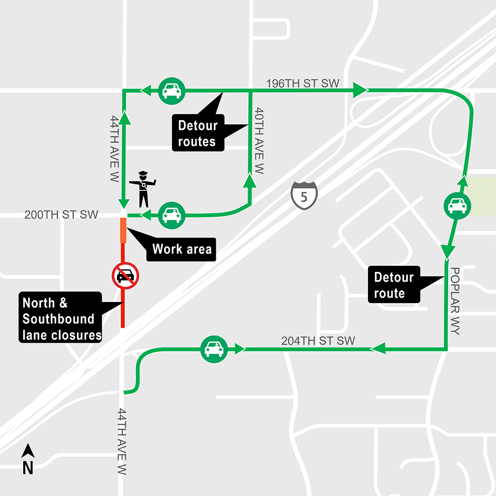 Construction map for 44th ave West overnight closure, Lynnwood City Center Station, Lynnwood Link Extension