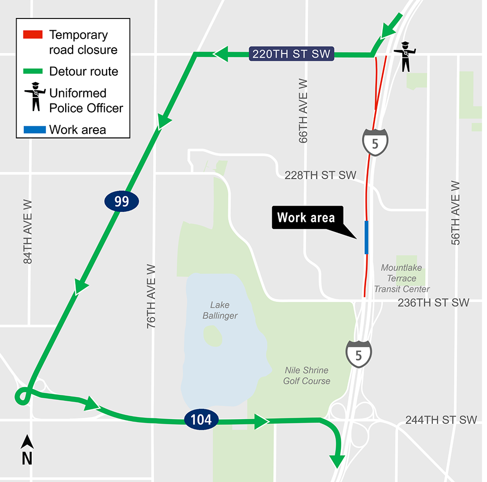 Construction map for I-5 closure near Mountlake Terrace Station, Lynnwood Link Extension