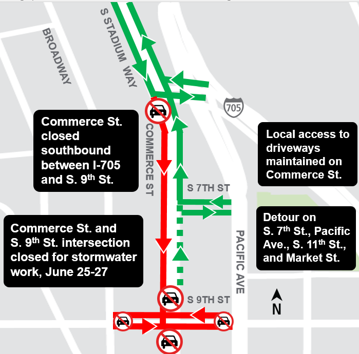 Construction map for Commerce Street and South 9th Street closure, Hilltop Tacoma Link Extension