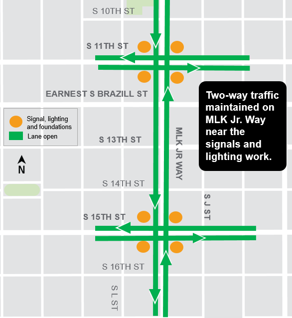 Construction map for Martin Luther King Jr Way from South 11th Street to South 15th Street, Hilltop Tacoma Link Extension