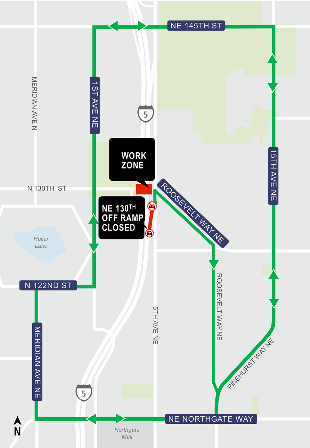 Construction map for Northeast 130th Off-ramp closure, Lynnwood Link Extension