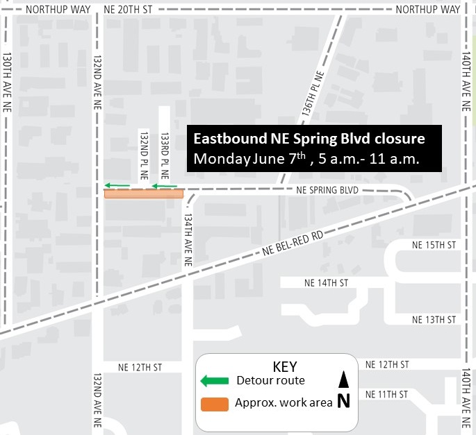 Construction map for NE 132nd and NE Spring Boulevard work, Bel-Red/130th Station, East Link Extension