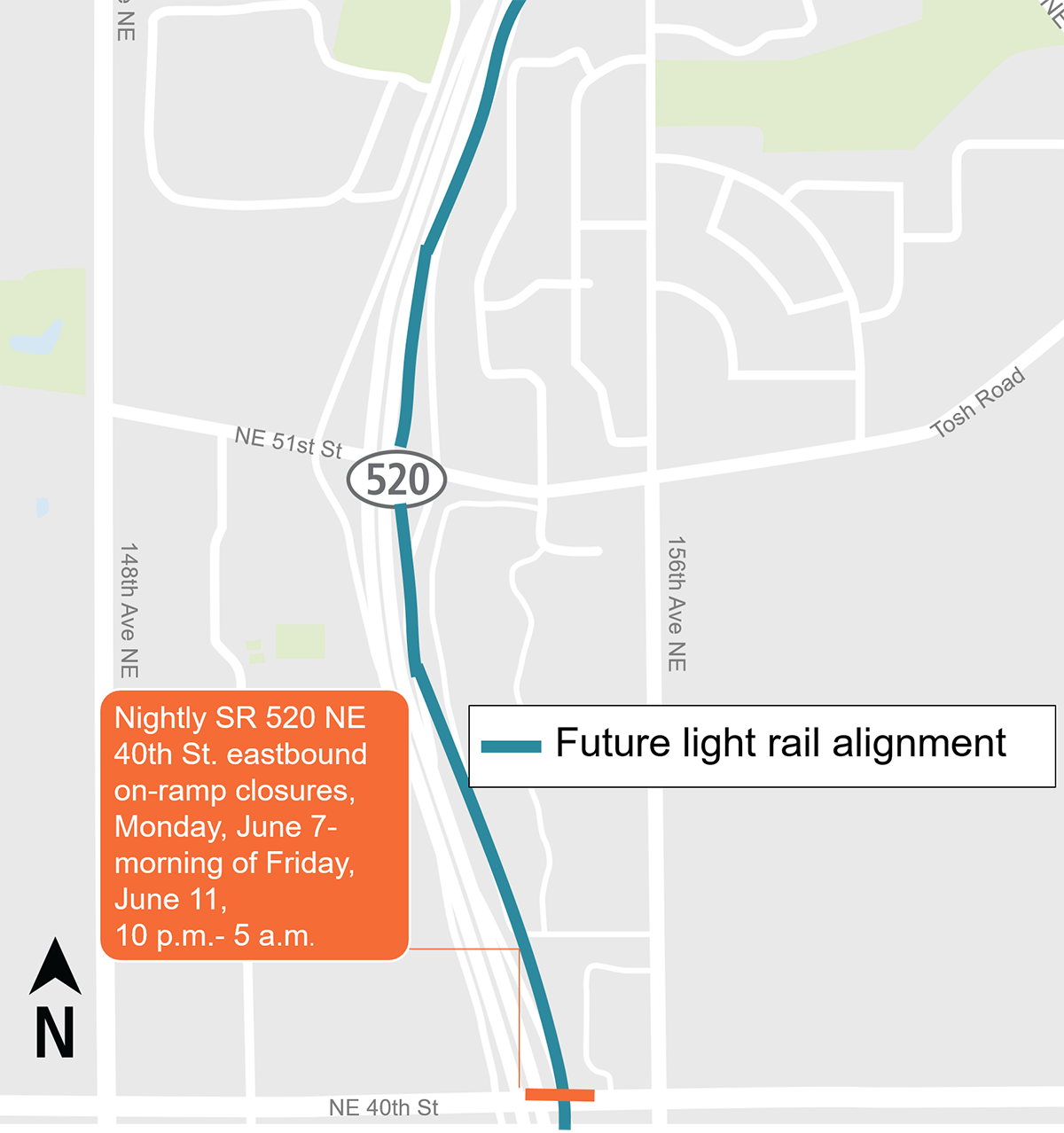 Construction map for NE 40th Street nighttime work, Downtown Redmond Link Extension