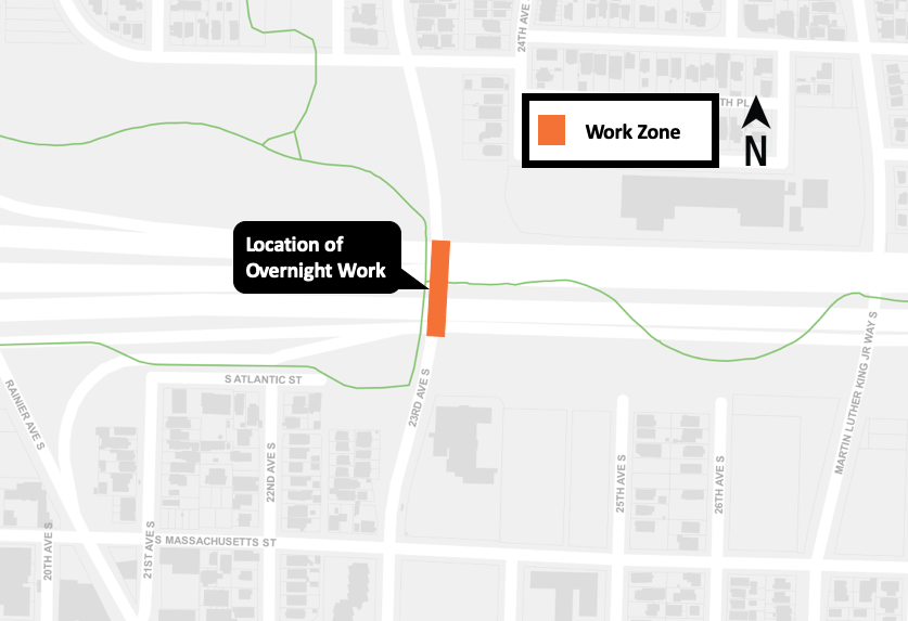 Construction map for overnight work on 23rd avenue south, Judkins park station, East Link Extension