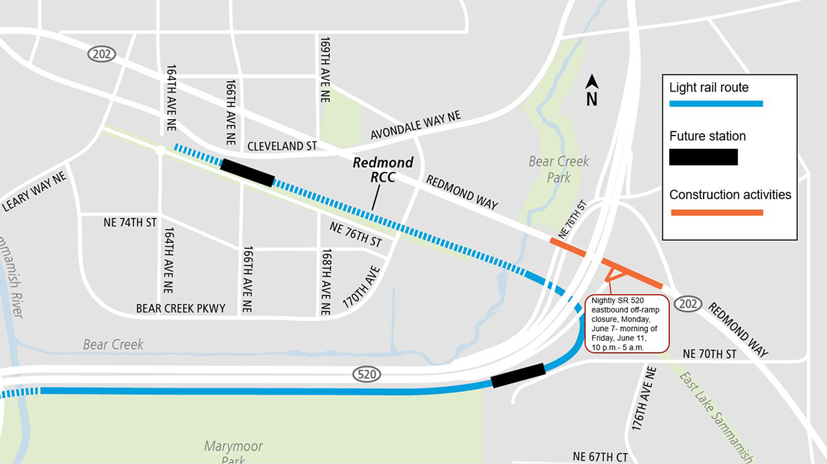 Construction map for Redmond Way & Sr 202 Nighttime work June 2021, Downtown Redmond Link Extension