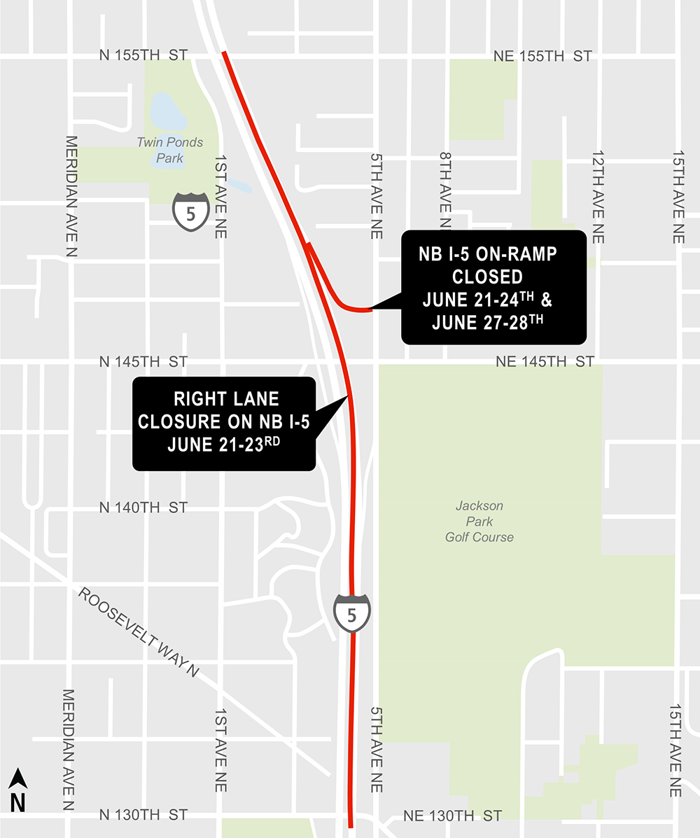 Construction map for right lane northbound I-5 closure, Lynnwood Link Extension