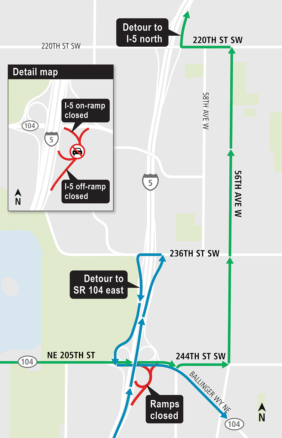 Construction map for SR 104 night work, Lynnwood Link Extension
