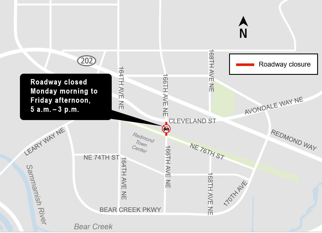 Construction map for 166th Avenue Northeast closure, Downtown Redmond Link Extension