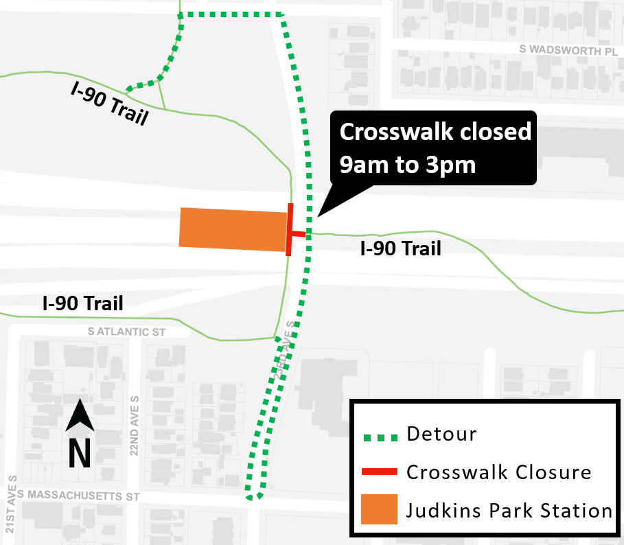 Construction map for 23rd Ave South crosswalk closure, Judkins Park Station, East Link Extension