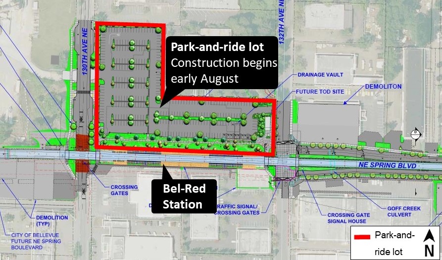 Construction map for Bel-Red Park and Ride, Bel-Red/130th Station, East Link Extension