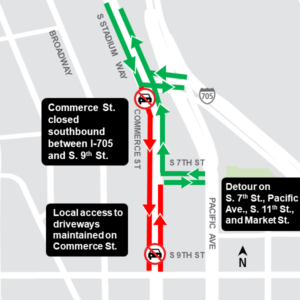 Construction map for ongoing work at Commerce Street and South 9th St, Hilltop Tacoma Link Extension