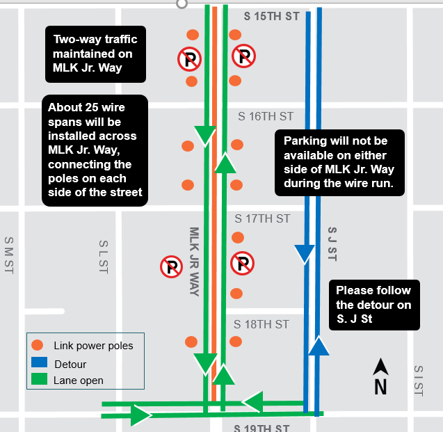 Construction map for Martin Luther King Jr Way from South 19th Street to South 15th Street Wire run, Hilltop Tacoma Link Extension