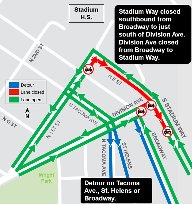 Construction map for Stadium Way and Division Avenue intersection closure, Hilltop Tacoma Link Extension