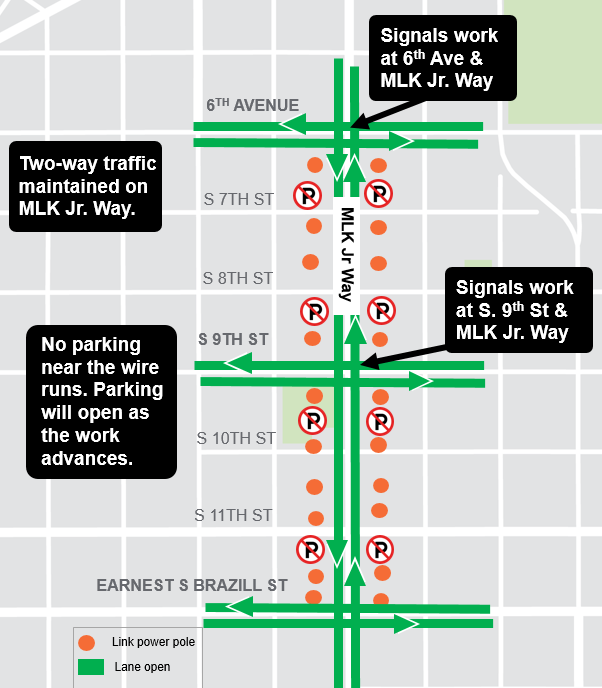 Construction map for Martin Luther King Jr Way from Earnest S Brazill Street to South 6th Avenue, Hilltop Tacoma Link Extension