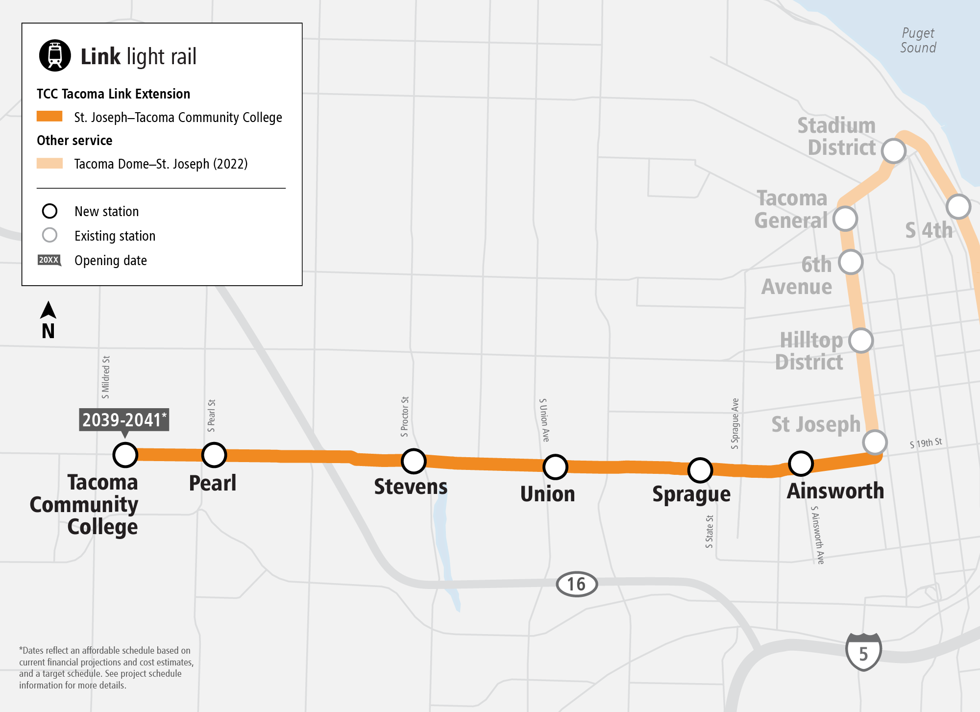 Project map for Tacoma Community College Tacoma Link Extension