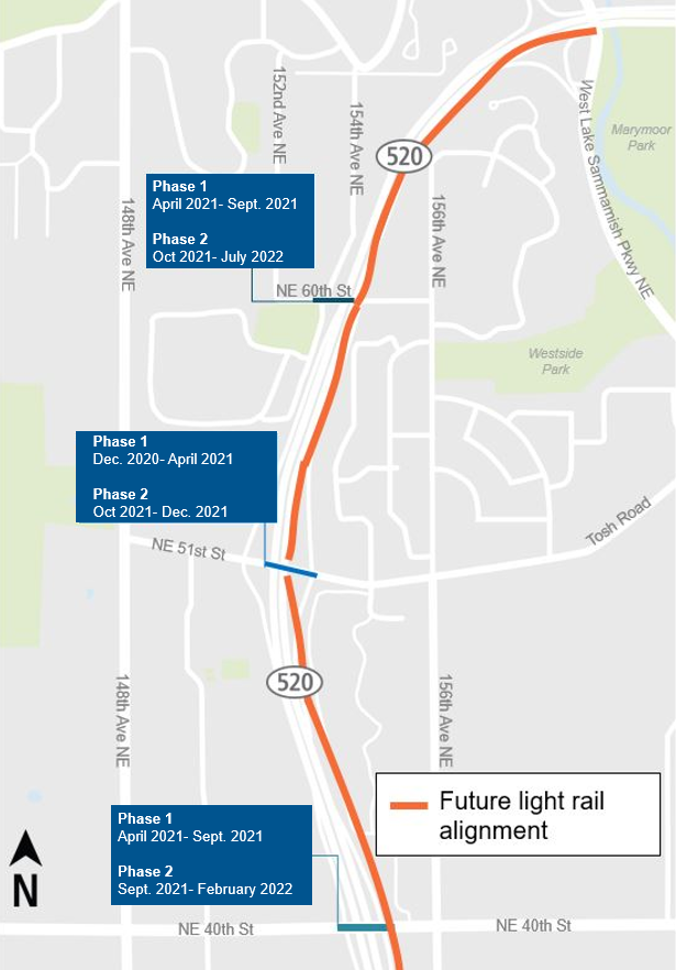 Construction map for undercrossings work and closures, Downtown Redmond Link Extension.
