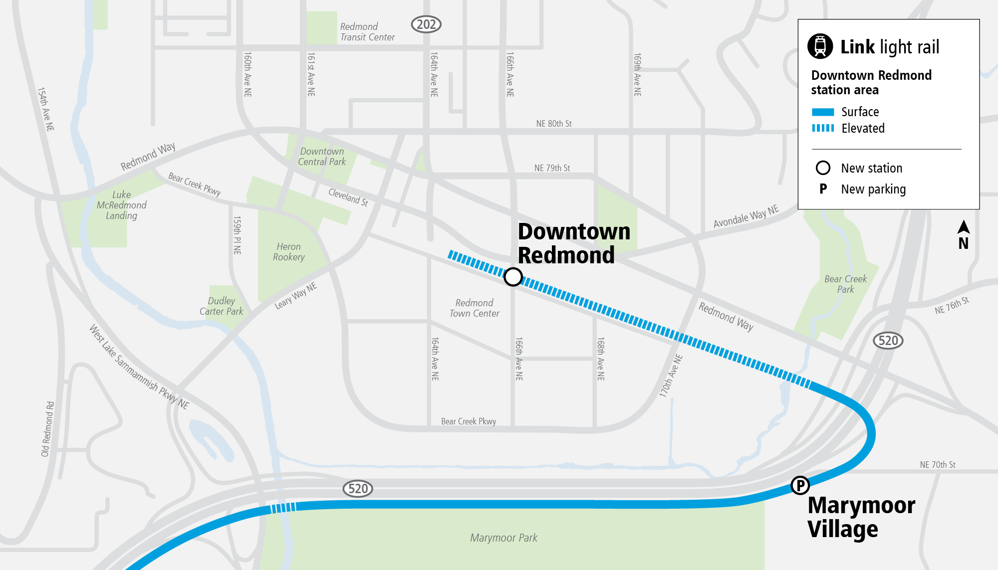 Map of the area surrounding Downtown Redmond Station