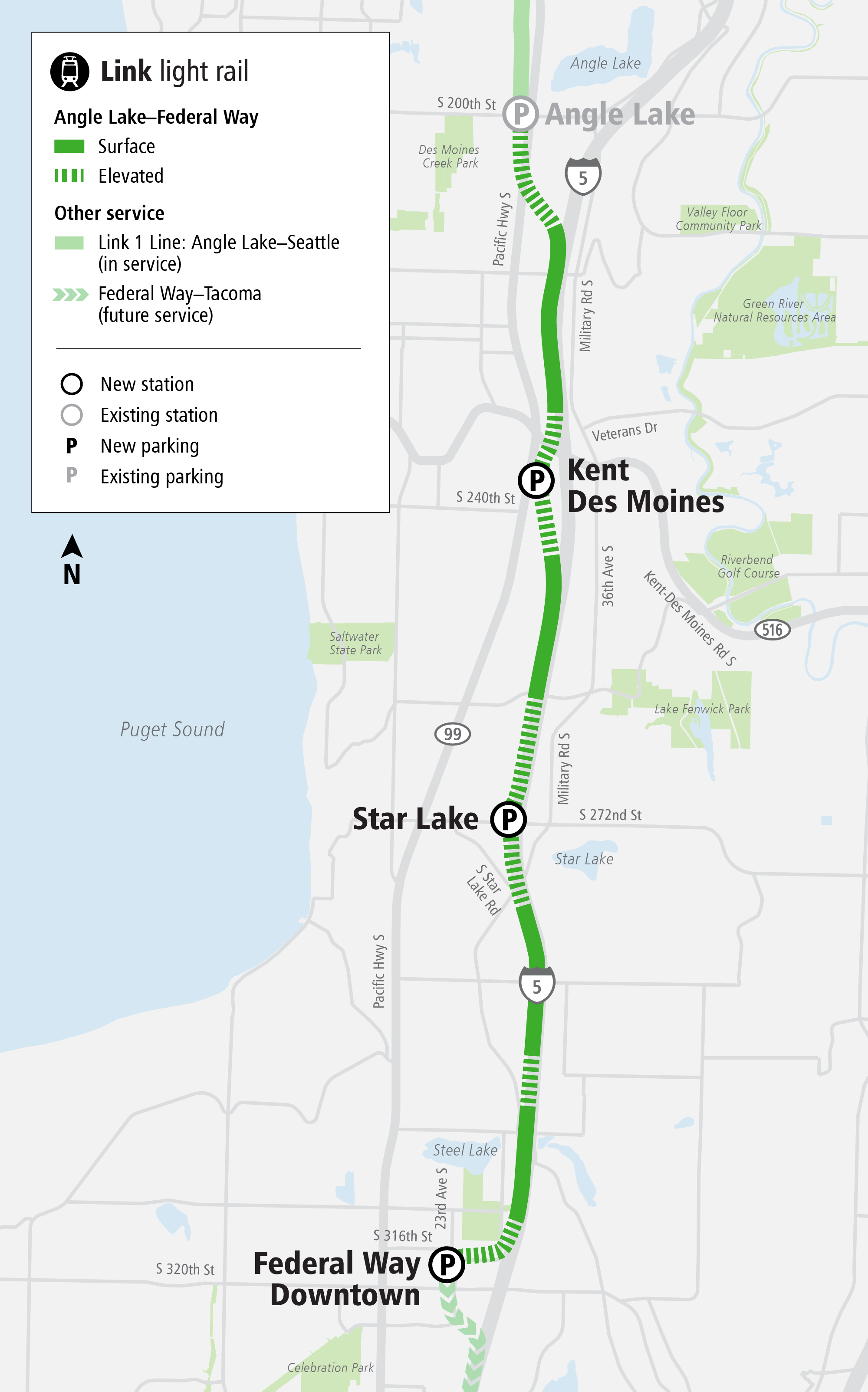Map of the area surrounding Federal Way Link Extension