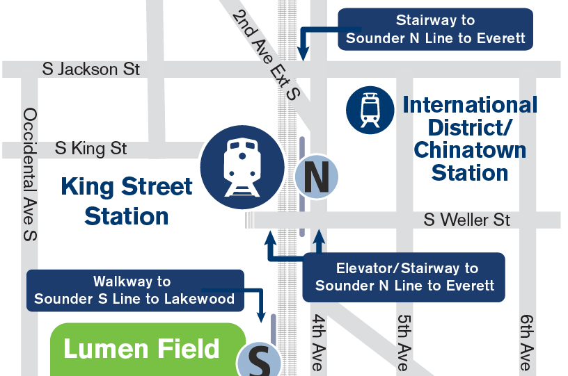 Walking map of King Street Station and surrounding area for Seahawks Game Day 
