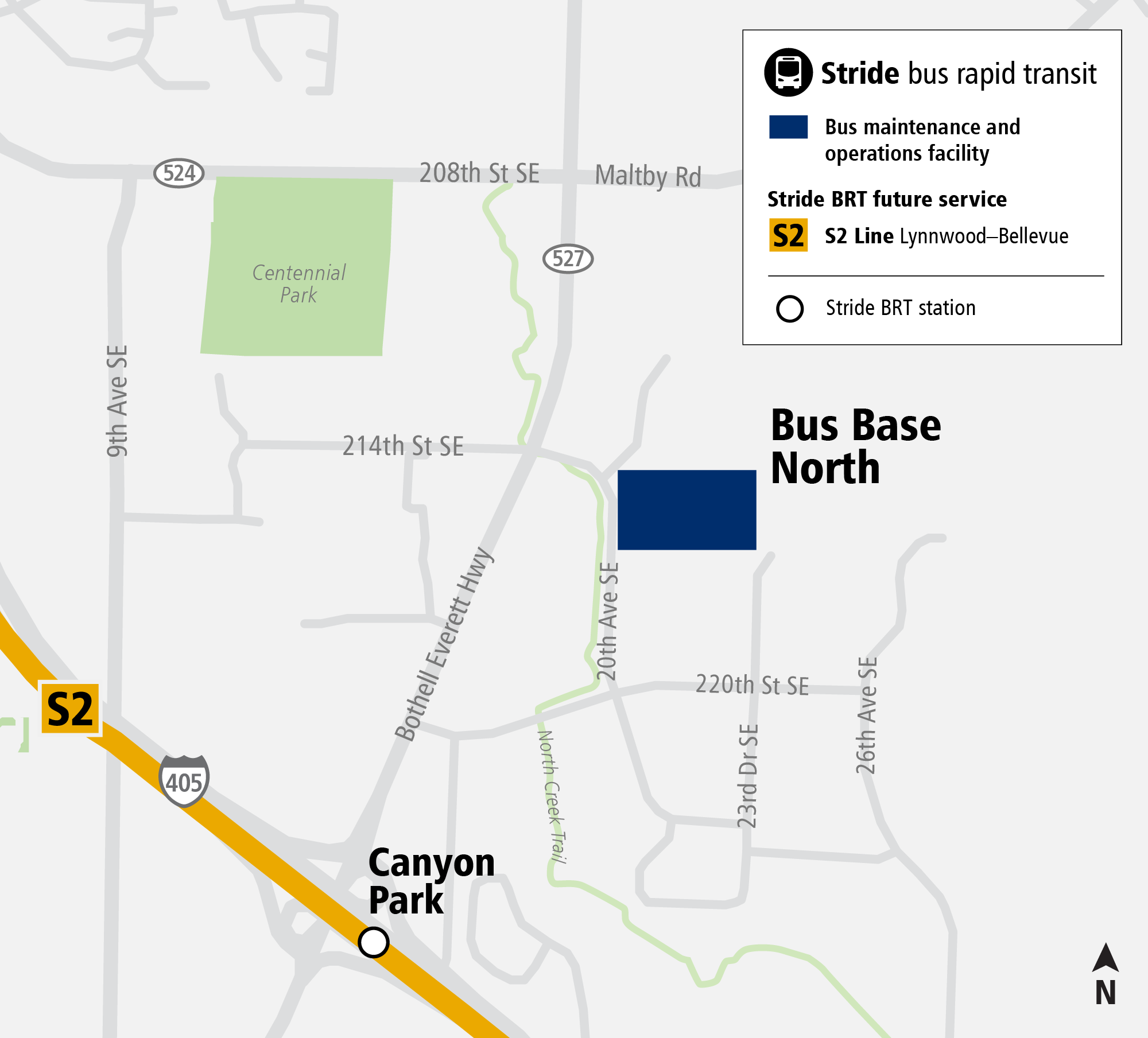 area map showing the Bus Base North facility location in the City of Bothell, Canyon Park subarea