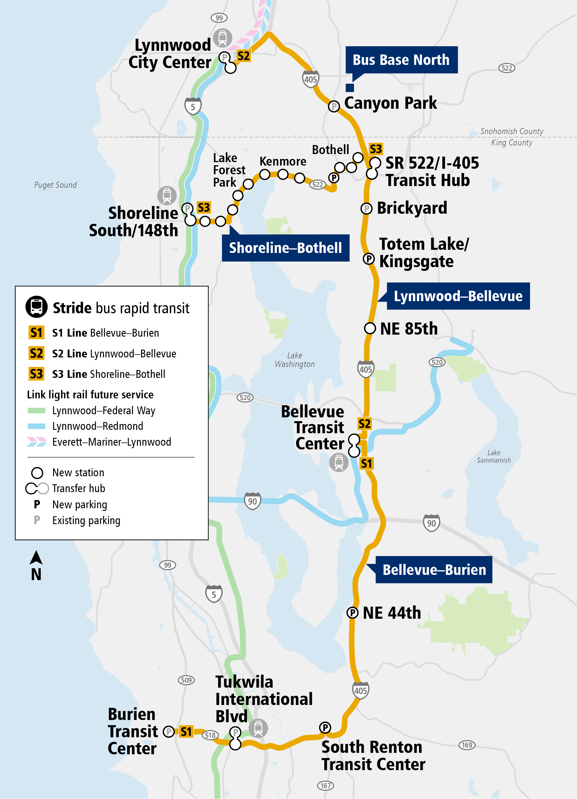 System Expansion project map showing the entire project area for Stride Bus Rapid Transit program